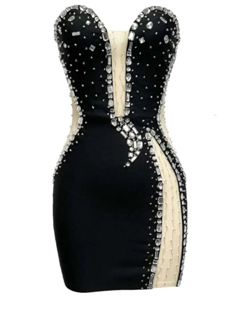 Mew mews Black Embellished Mini crystal Dress with Nude Sheer Panels